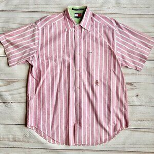 Tommy Hilfiger Vintage Men's Pink Striped Collar Button Short Sleeve Shirt S